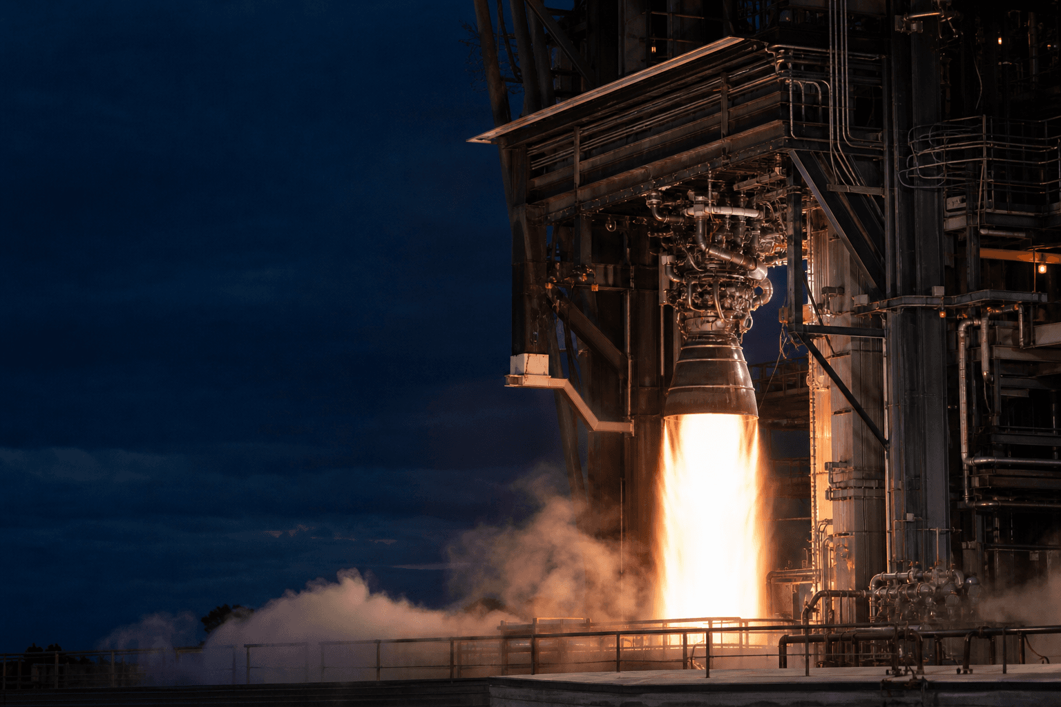 Editorial visualization of a rocket-engine ground test stand